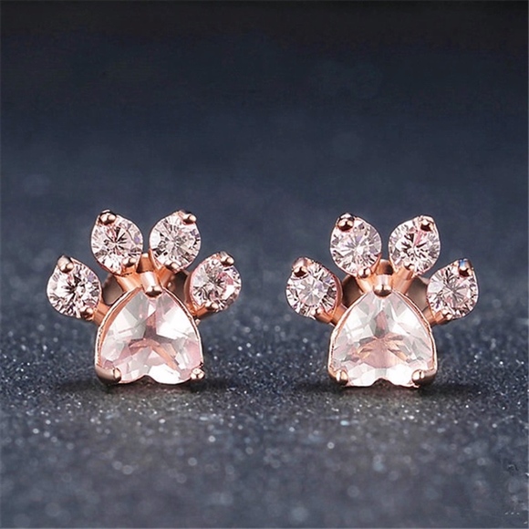 Jewelry - Paw Print CZ Rose Gold Animal Pet Love Earrings